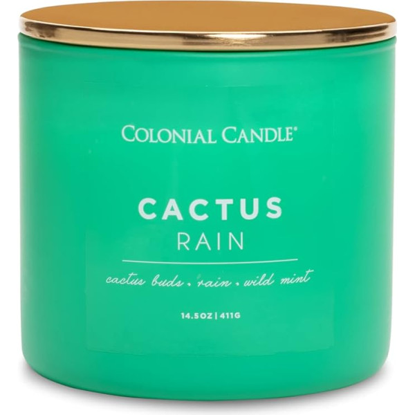 Colonial Candle Aromatizēta svece stiklā ar vāciņu | Cactus Rain | Ziedu aromāta svece | Svece ar 3 daktu | Sveces ilgs degšanas laiks līdz 60 stundām | Sveces zaļas (411 g)