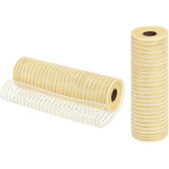 izejmateriālu karte Jute-Netzband, 25,4 cm x 9,2 m, PP, dekoratives Netzband, Geschenkband für Weihnachtskranz, Party, Dekoration, Basteln, Girlanden (cremefarben mit Goldfolie, 2 Stück)