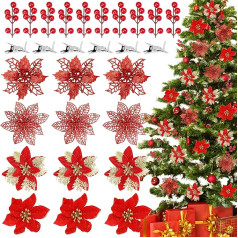 Weihnachtsbaumschmuck, Glitzer, Weihnachtsstern, Weihnachtsschmuck, Beerenstiele, Weihnachtsblumen, künstliche Beerendekorationen mit Clips, Weihnachtsbaumschmuck, Weihnachtskranz-Dekorationen