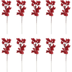 10 Stück künstliche rote Beerenstiele, künstliche burgunderrote Beeren, Stechpalmenbeeren, Zweige für Weihnachtsbaum, Weihnachtskranz, Dekorationen, Blumenarrangements, Basteln, Dekoration (A)