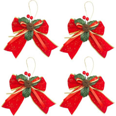 4 rote Weihnachtsschleifen, Weihnachtskränze, Schleifen, Pailletten-Fliege, Weihnachtsbaumschleife, Glitzer mit Tannenzapfen, dekorative Schleifen für Zuhause, Ornament-Dekoration