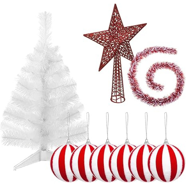 Iepakojums Navidad dekorēšanai: Komplektā: Abeto White 70 cm ar pamatni + 6 bolas Navidad Rayas Blanca y Roja + Estrella Cresta Roja + Guirnalda Espumillón Blanca y Roja