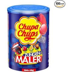 Chupa Chups Tongue Painter bliķīšu kārba, praktiska kārba ar 100 bliķīšiem ar 3 garšām: kolas, ķiršu un apelsīnu, ar mēles krāsu, Helovīnam, 100 x 12g