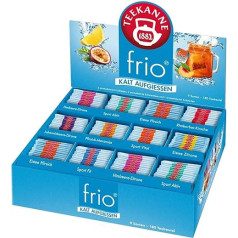 Teekanne Frio kolekcijas kaste ar 9 Frio šķirnēm, piemēram, aveņu, citronu, upeņu un citronu, persiku ar pasifloru, rabarberu un ķiršu, Sport Fit, Active un Vital, kopā 180 tējas maisiņu (450 g)