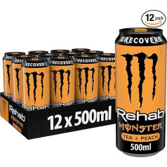 Monster Energy Rehab Peach - enerģijas ledus tēja ar kofeīnu un persiku garšu - enerģijas dzēriens bez gāzveida gāzes - praktiskās vienreizlietojamās skārdenēs (12 x 500 ml)