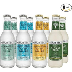 Fever-Tree tonizējošā ūdens komplekts, 2 x Vidusjūras ūdens, 2 x Indijas ūdens, 2 x Indijas ūdens, 2 x ingvera alus, 2 x plūškoka ūdens (8 pudeles maisījuma)