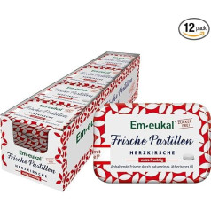 Em-eukal Svaigas pastilas Heart Cherry, vasaras izdevums, īpaši augļu garšas, bez cukura, noturīgs svaigums, pateicoties dabīgai, tīrai un ēteriskai eļļai, 12 x 20 g