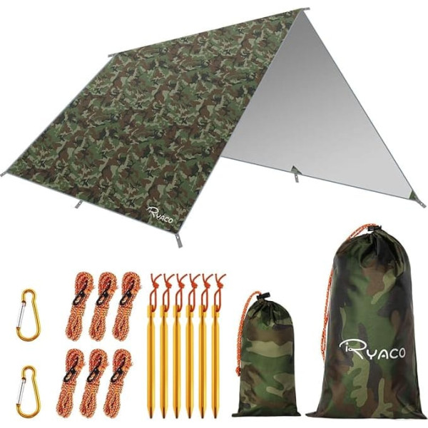 Ryaco Camping Tarpaulin, 3 m x 3 m x 4 m, brezenta tents šūpuļtīklam, ūdensnecaurlaidīgs, viegls, kompakts, pārklājs, piknika sega, šūpuļtīkls kempingam, telts kempingam, daudzfunkcionālai lietošanai