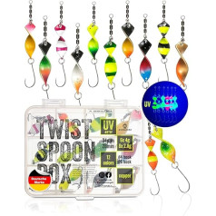 ANGELHERZ® Foreļu ēsma Twister Spoons Foreļu ēsmu komplekts 12 gab. ar 6 x 4 g un 6 x 2,8 g Ārkārtīgi āķīga foreļu ēsma 12 UV aktīvās krāsās Makšķerēšanas māneklis blanšeru zvejai, spiningošanai