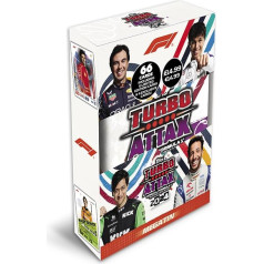 Topps Turbo Attax Formula 1 2024 Mega Tin Fast Track ietver 66 kartes, tostarp 6 LE un 4 ekskluzīvas Fast Track kartes