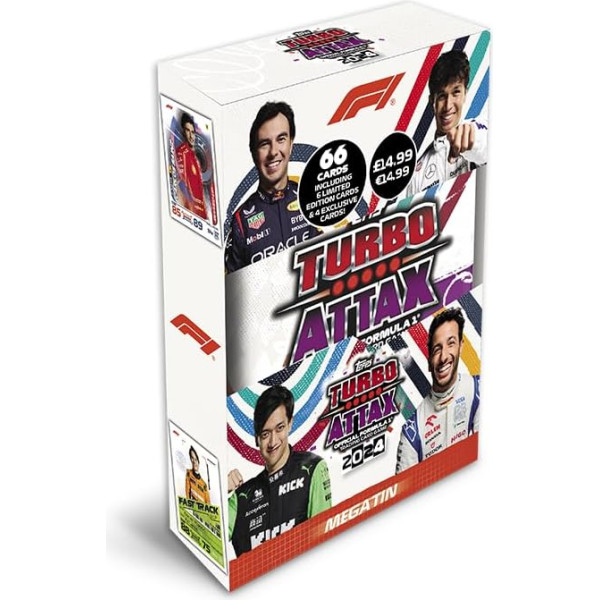 Topps Turbo Attax Formula 1 2024 Mega Tin Fast Track ietver 66 kartes, tostarp 6 LE un 4 ekskluzīvas Fast Track kartes