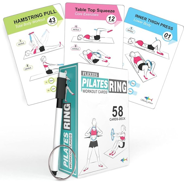 Flexies Pilates vingrojumu kartes - 58 vingrojumu kartes ar Pilates riņķi, treniņu stāju, instrukcijām un elpošanas padomiem, komplektā ietilpst sausais izdzēšamais marķieris un lēciena riņķis, Pilates aprīkojums