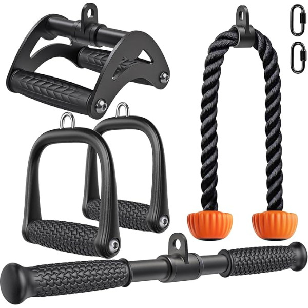 SELEWARE Rokturi kabeļu vilkšanai, kabeļu vilkšanai LAT Pulldown Bar, kabeļu vilkšana, fitnesa biceps triceps bars, triceps virve, SZ Bar, karabīne, kāju siksna, apakšdelmu treneris, kakla treneris, rokturu komplekts