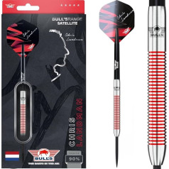 Bull's Chris Landman 90% Tungsten Steeltip šautriņas - 21g - Profesionālas šautriņas ar gredzenveida rokturi, iegravētu logo, sudraba un sarkanu dizainu, ideāls līdzsvars precīziem metieniem.