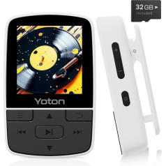 YOTON MP3 atskaņotājs ar Bluetooth 5.2, 32 GB atmiņa, mini HiFi mūzikas atskaņotājs ar sporta klipu, neatkarīga skaļuma regulēšana, FM radio, komplektā ietilpst austiņas, balts