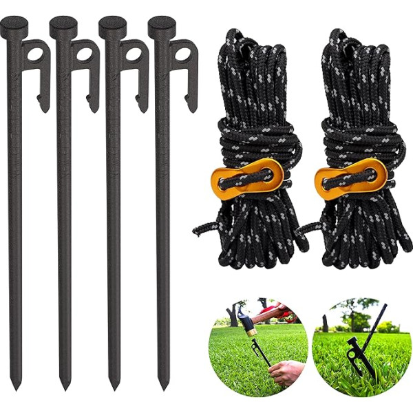 Heavy Duty Tents Stakes 12 Inch 4 Pack with Camping Rope, Guy Ropes, Yard Stakes for Canopy, Camping Stakes for Ground, Tent Stakes, Thent Stakes, Thickened Reinforced Nail Heads