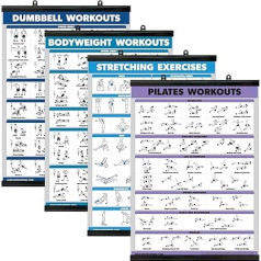 Palace Learning 4 Pack - hanteļu treniņš + ķermeņa svara treniņi + stiepšanās vingrinājumi + pilates - 4 treniņu diagrammu komplekts (18 