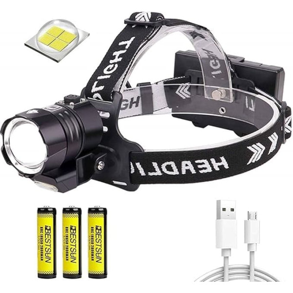 XHP90 LED lukturis ārkārtīgi spilgts 20000 lūmenu USB uzlādējams galvas lukturis ar 3 režīmiem Ūdensizturīgs lukturis ar COB gaismu, sarkana brīdinājuma gaisma, 4 baterijas darbam kempingā, makšķerēšanai, pārgājieniem, medībām