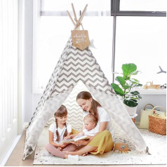 Tiny Land Teepee rotaļu telts bērniem, bērnu istaba ar polsterētu segu un pasaku gaismiņām, iekštelpu kokvilnas audekls, bērnu telts, indiāņu telts (pelēka, 165 cm augsta)