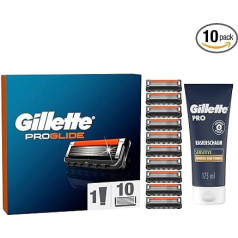 Gillette ProGlide skuvekļu un bārdas kopšanas komplekts skuvekļiem, 10 rezerves asmeņi mitrajiem skuvekļiem vīriešiem + Gillette PRO Sensitive skūšanās putas 175 ml, dāvana vīriešiem