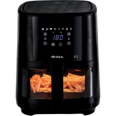 Ariete 4626 Friggitrice ad aria 6L gaisa fritēze, 1300 W, tilpums 6L, gatavošanas ietilpība 2,5 kg, 8 iepriekš iestatītas programmas, temperatūra līdz 200°, caurspīdīgs grozs gatavošanas kontrolei, melns