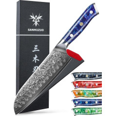 SANMUZUO Damasko peilis 18 cm Santoku peilis - japoniškas virėjo peilis - VG 10 Damasko plieno virtuvinis peilis su dervos rankena - Xuan serija (safyro mėlyna)