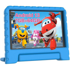 JUSYEA 2024 Jaunākais 7 collu bērnu planšetdators Android 13 7GB RAM + 64GB ROM (512GB TF), WiFi 6 | GPS | Play Store, Dual Camera, bērnu bloķētājs, izglītojošas spēles bērniem, EVA korpuss - zils