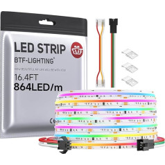 BTF-LIGHTING FCOB RGB WS2811 IC adresuojamas LED juosta 5M 864LEDs/M 26W/M DC24V baltos spalvos PCB lanksti važiavimo šviesa su dideliu tankiu IP30 ne vandeniui (be valdymo ir maitinimo šaltinio)