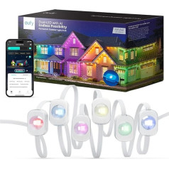 eufy Pastāvīgā āra gaisma E120, 30 metri, 60 dubultās LED RGB un silti baltas pasaku gaismas, lietotnes vadība, mākslīgā intelekta apgaismojuma dizains, daudzas tēmas, piemēram, Helovīns, Ziemassvētki, saderīga ar eufy kamerām.