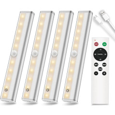 Tālvadības pults zem skapja apgaismojuma bezvadu 4 Pack, 20-LED dimmable skapja apgaismojums uzlādējams zem letes gaismas, stick on Touch Night Light Strip Bar virtuves guļamistabai, 3 krāsas