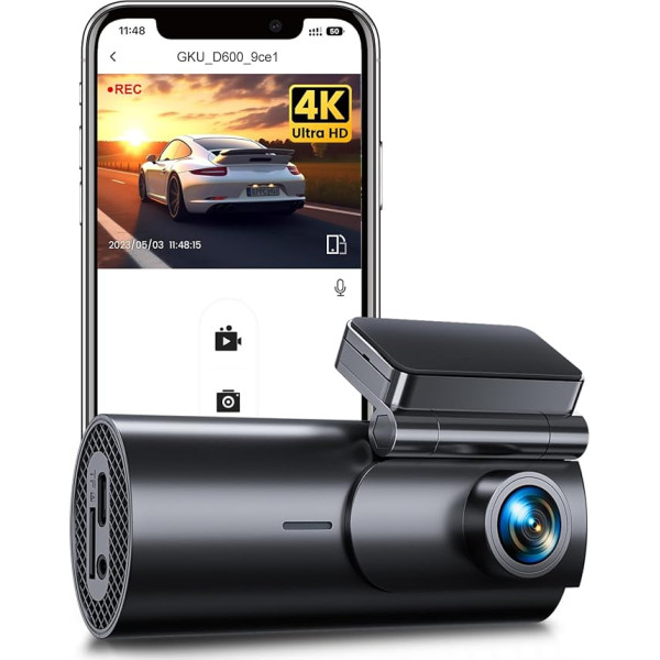 GKU 4K Dash Cam Car Front, Mini WiFi Dash Cam, Autokamera ar autostāvvietas uzraudzību, Super nakts redzamība, WDR, 170° platleņķa autokamera, G-sensors, Loop ierakstīšana, App Control, Max 256GB (D600)