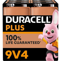 Duracell Plus 9 V bloka sārmu baterijas 6LR61 MN1604 4 gab. iepakojumā