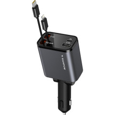 RAMPOW Cigarešu aizdedzinātājs USB C, auto aksesuāri, 65 W auto lādētājs, auto aksesuāri, 4-in-1 izvelkams auto lādētājs, cigarešu aizdedzinātājs, ātrais lādētājs ar iPhone 16/15/14/13, Samsung, iPad - sudrabaini balts