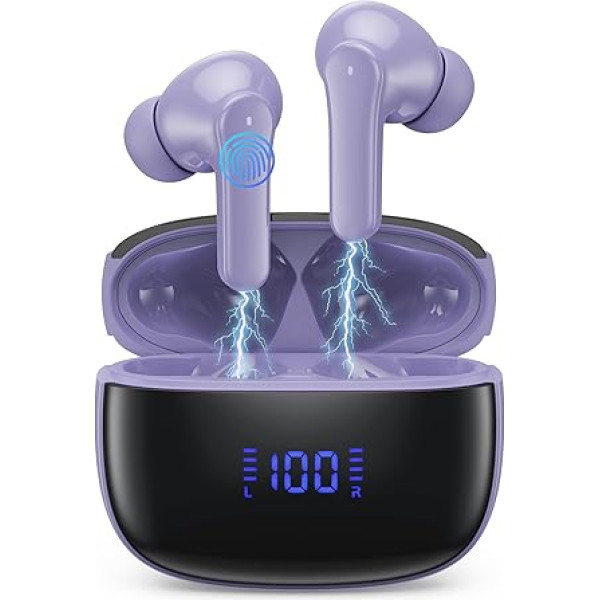 Bluetooth austiņas, bezvadu Bluetooth 5.3 In-Ear austiņas ar 4 ENC trokšņu slāpēšanas mikrofonu, bezvadu austiņas Deep Bass Wireless Earbuds 50 Hours, IP7 ūdensizturīgas austiņas, LED displejs, violeta krāsa