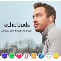 Echo Buds (jaunākās paaudzes) | Bezvadu austiņas ar Alexa, Bluetooth austiņas ausīs ar aktīvu trokšņu slāpēšanu, iebūvētu mikrofonu, IPX4 ūdensizturīgas | Bezvadu uzlādes korpuss | Balts