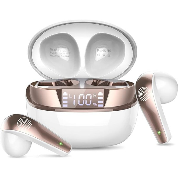 Bluetooth austiņas, bezvadu Bluetooth 5.3 In-Ear austiņas ar 4 mikrofoniem, mini bezvadu austiņas ENC trokšņu samazināšanas austiņas, 40H dziļi basi, LED displejs, IP7 ūdensizturīgas austiņas, balts zelts