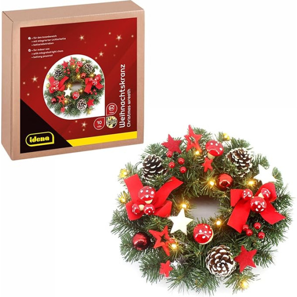 Idena 30546 LED Ziemassvētku vainags ar pasaku gaismiņām un 10 LED diodēm siltā baltā krāsā, aptuveni 30 cm liels, 6 stundu taimera funkcija, darbojas ar baterijām, kā durvju vainags un Ziemassvētku rotājums