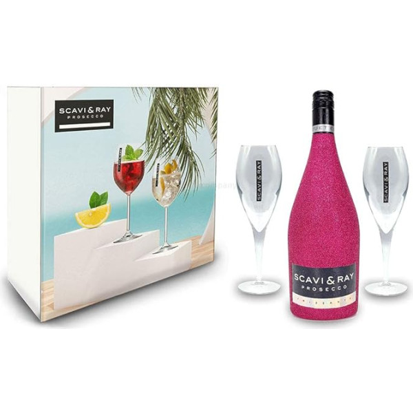 Scavi & Ray Bling Bling Hot Pink Glitzer Giftbox dāvanu komplekts - Scavi & Ray Prosecco Frizzante 0,75l (10% Vol) + 2x Prosecco Gläser -[Enthält Sulfite]