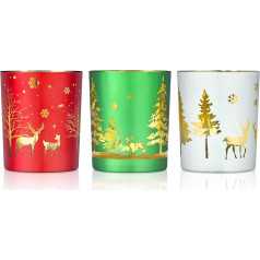 Joeyan H8 cm Glass Candle Holder Christmas Set of 3 with Deer Tree Snowflake Pattern, Red Green White Hurricane Candle Holder Decoration for Party Christmas