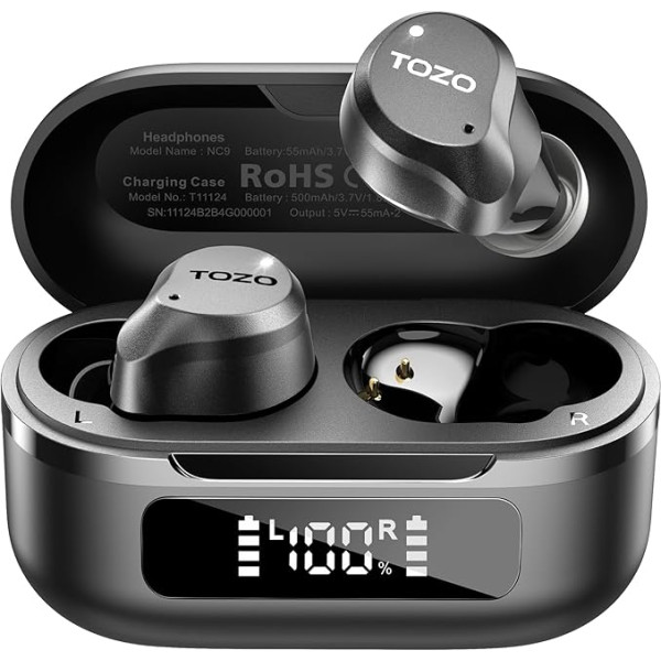 TOZO NC9 bezvadu Bluetooth 5.3 Bluetooth austiņas, In-Ear austiņas, hibrīda aktīvās trokšņu slāpēšanas austiņas ar 6 mikrofoniem, skaidri zvani, LED displejs, 59H stereo basi, lietotne, IPX8