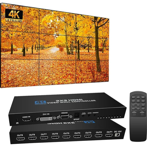 GKRONG Video sienas kontrolieris 3x3 TV sienas kontrolieris 4K 3x3 3x3 3x2 2x2 3x1 1x4 2x3 4x2 2x4 ar tālvadības pulti 9 TV montāžai Attēla rotācija 180º