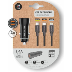 TechOneTech Auto lādētājs 2 x USB-A + 3 in 1 Micro USB kabelis Lightning un USB-C - melns