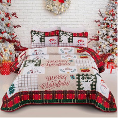 WONGS BEDDING Gultas pārklājs 220 x 240 cm Gultas pārklājs Divguļamā gulta Stepēts mikrošķiedras pārklājs 3 daļas Ziemassvētku pārklājs Segas sega ar 2 spilvendrānām 50 x 75 cm, balta un sarkana rūtaina, rūtaina