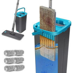 Midyb Mop Set with Bucket, Flat Mop Set with Bucket, Wiper with Wring Function and 144 cm Adjustable Stainless Steel Handle & 6 Microfibre Mop Pads for Hardwood, Laminate, Tile Cleaning