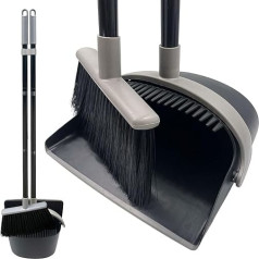 Long Handled Dustpan and Broom - Broom and Dustpan Set Reduces Bending, High Lobby Dustpan and Broom (Black and Grey)