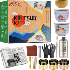 Kintsugi remonta komplekts (uzlabota sveķu masa) Komplektā ietilpst divas treniņkrāsas īstas keramikas tējas tasītes Pilnīgi DIY amatniecības komplekti pieaugušajiem Kintsugi komplekts Keramikas remonta komplekts 60 g zelta vizlas pulvera