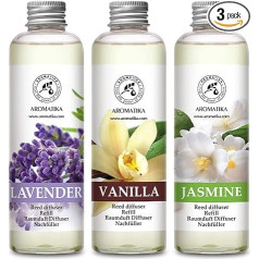 Lavandas, vaniļas un jasmīna 3 x 200 ml - telpas atsvaidzinātājs - svaiga un ilgnoturīga telpas smarža - aromadifuzors - aromterapija - niedru difuzora uzpildes flakons