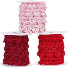FINGERINSPIRE Lace Trim Heart Shape 13,7 m 12 mm plats 3 krāsainas sirds malas apdares persiku sirds mežģīņu lente ar 3 tukšām plastmasas spoles DIY šūšanas amatniecības rotājumi piederumi