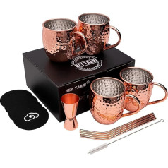 Hey Taani Moscow Mule Mug Set - 4 x 500 ml vara krūzīšu komplekts ar nerūsējošā tērauda iekšpusi - kokteiļu, ledus kafijas, limonādes un džina vara krūzes - 4 salmiņi, 4 paliktņi, žigers un tīrīšanas birste