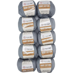 YarnArt Baby Cotton mezgimo vilna su 50 % medvilnės, 500 g paprastos vilnos (pilka 452), pakuotė po 10 x 50 g